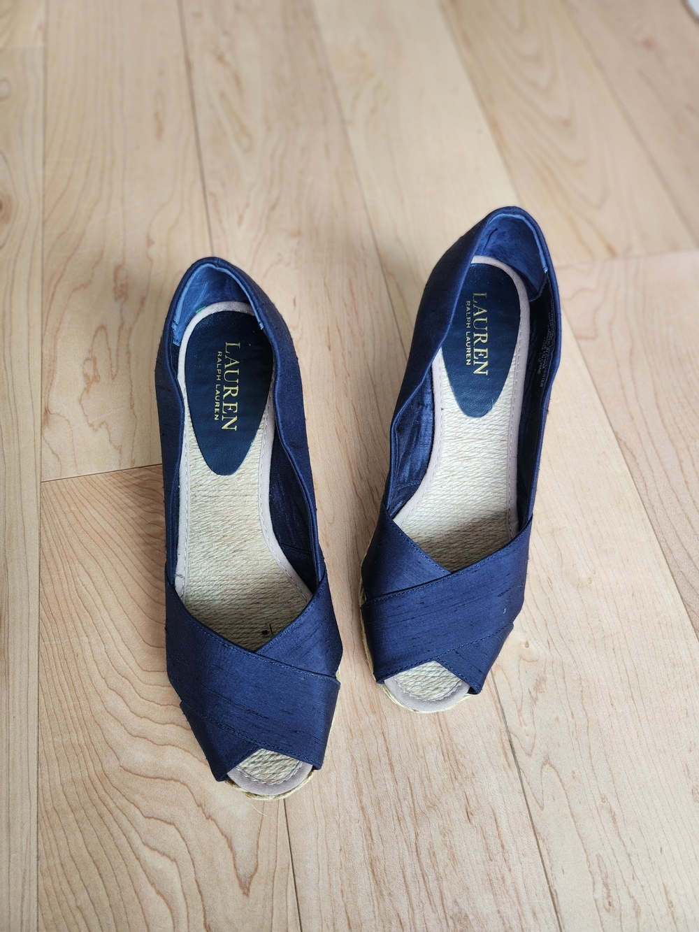 Lauren Ralph Lauren Navy Peep-Toe Wedge Pumps - Silk Blend Espadrilles